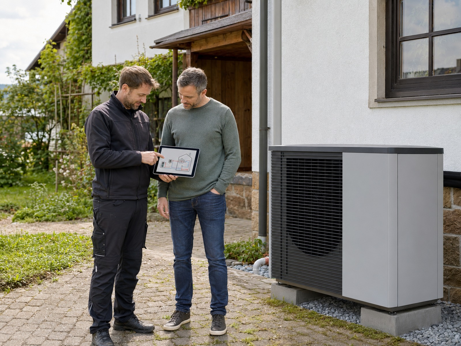 V-Solartec-Monteur berät einen Hausbesitzer in Schöffengrund zu Wärmepumpe und Gebäudemodernisierungsgesetz 2026
